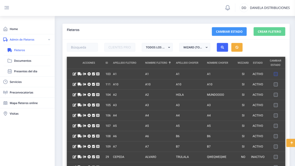 Captura de pantalla del Backoffice de Flota